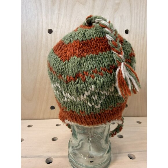 D&Y 100% Wool Knit Earflap Beanie Hat Fleece Lined Nepal Orange Green Nordic - Picture 6 of 12